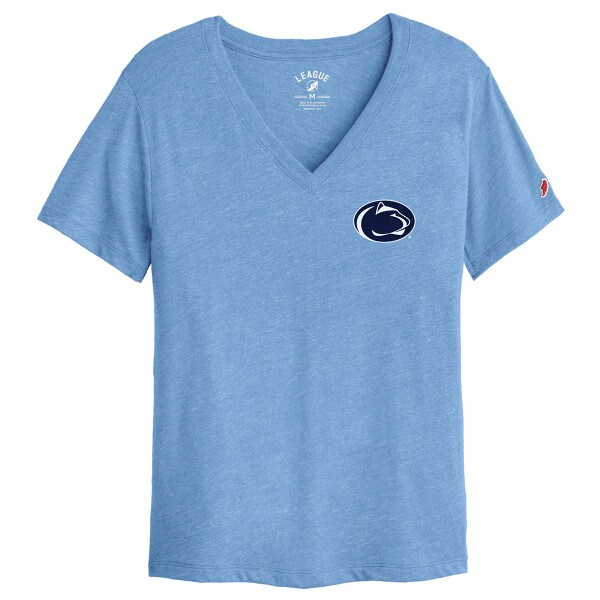 women's short sleeve light blue v-neck t-shirt with Penn State Athletic Logo on left chest